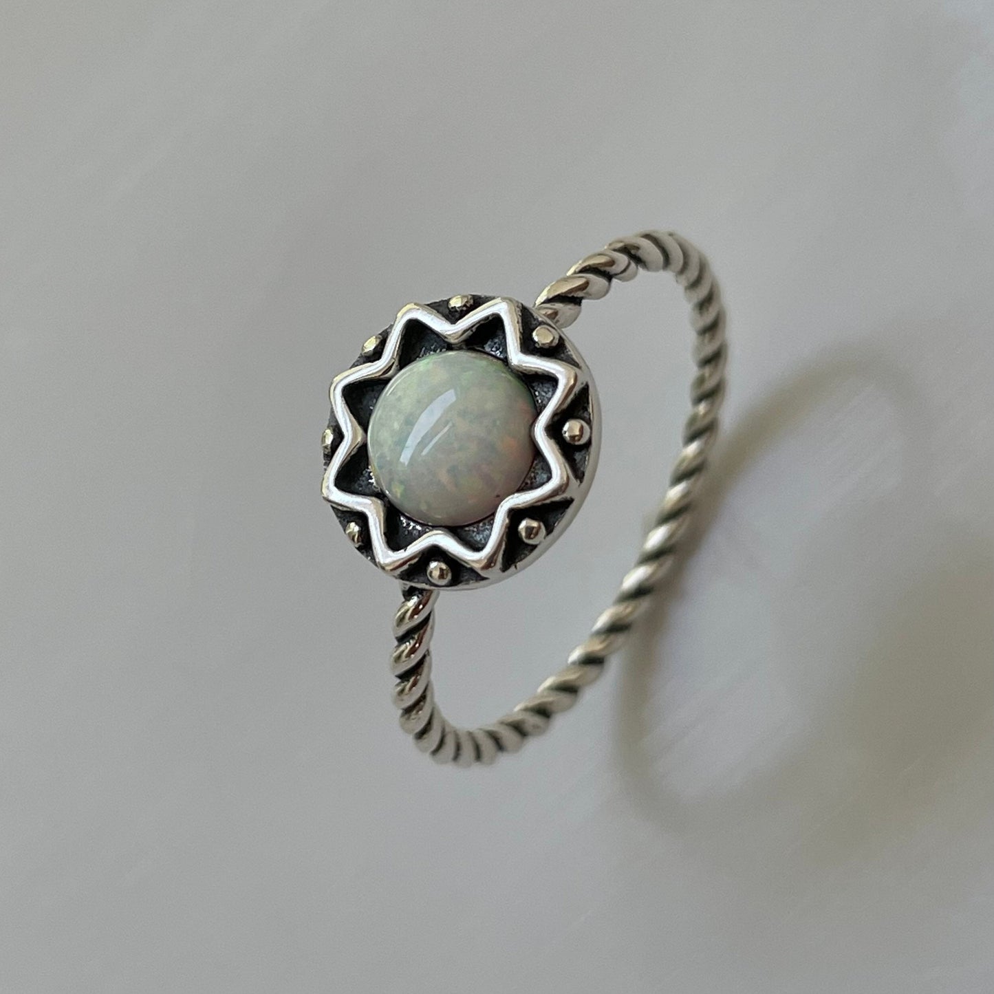 Sterling Silver White Opal Mandala Flower Ring: Boho Rope Band