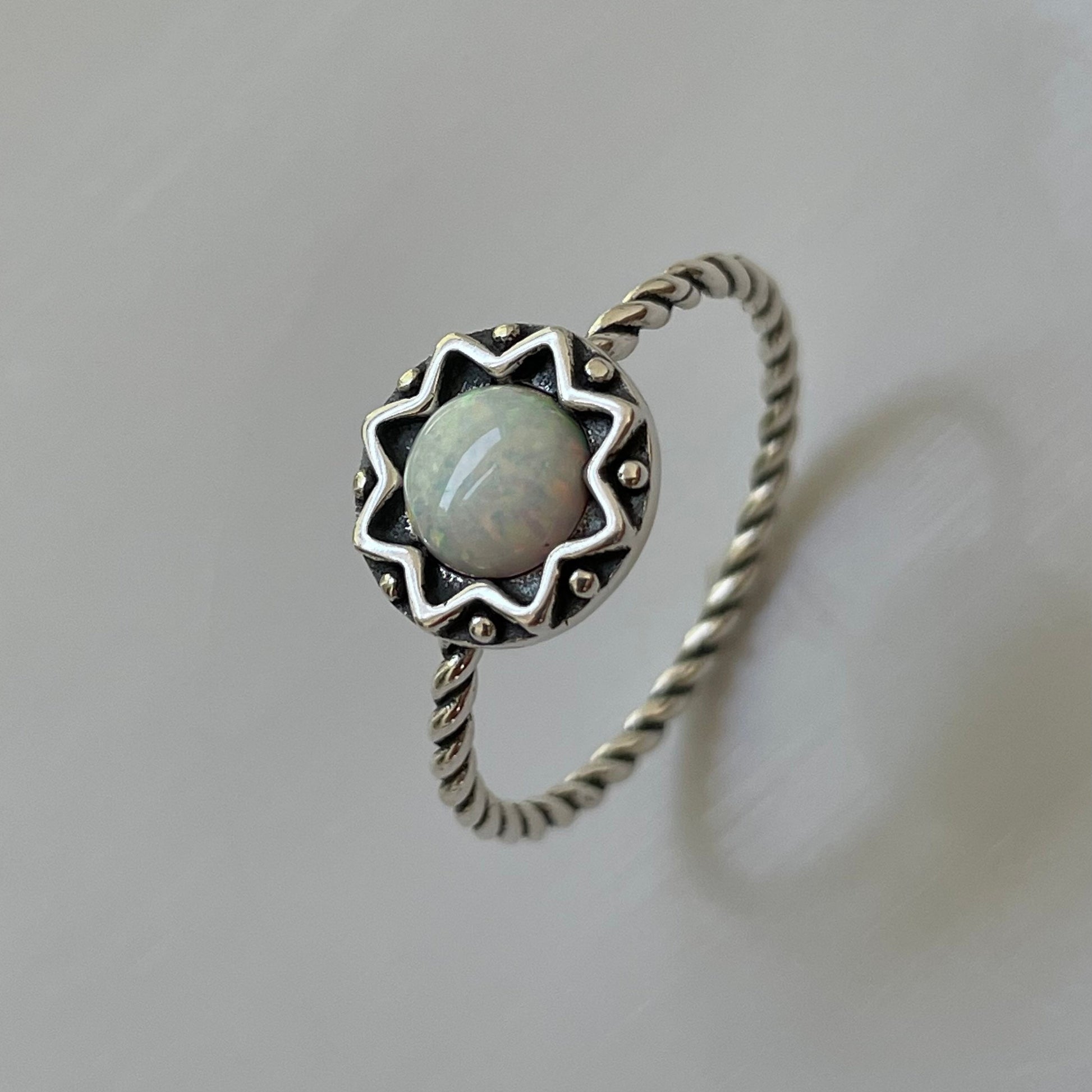 Sterling Silver White Opal Mandala Flower Ring: Boho Rope Band