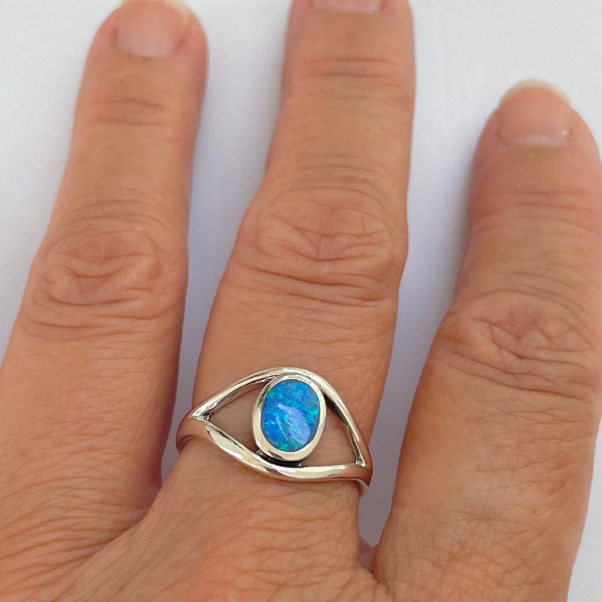 Sterling Silver Eye Ring: Blue or White Lab Opal Statement Ring