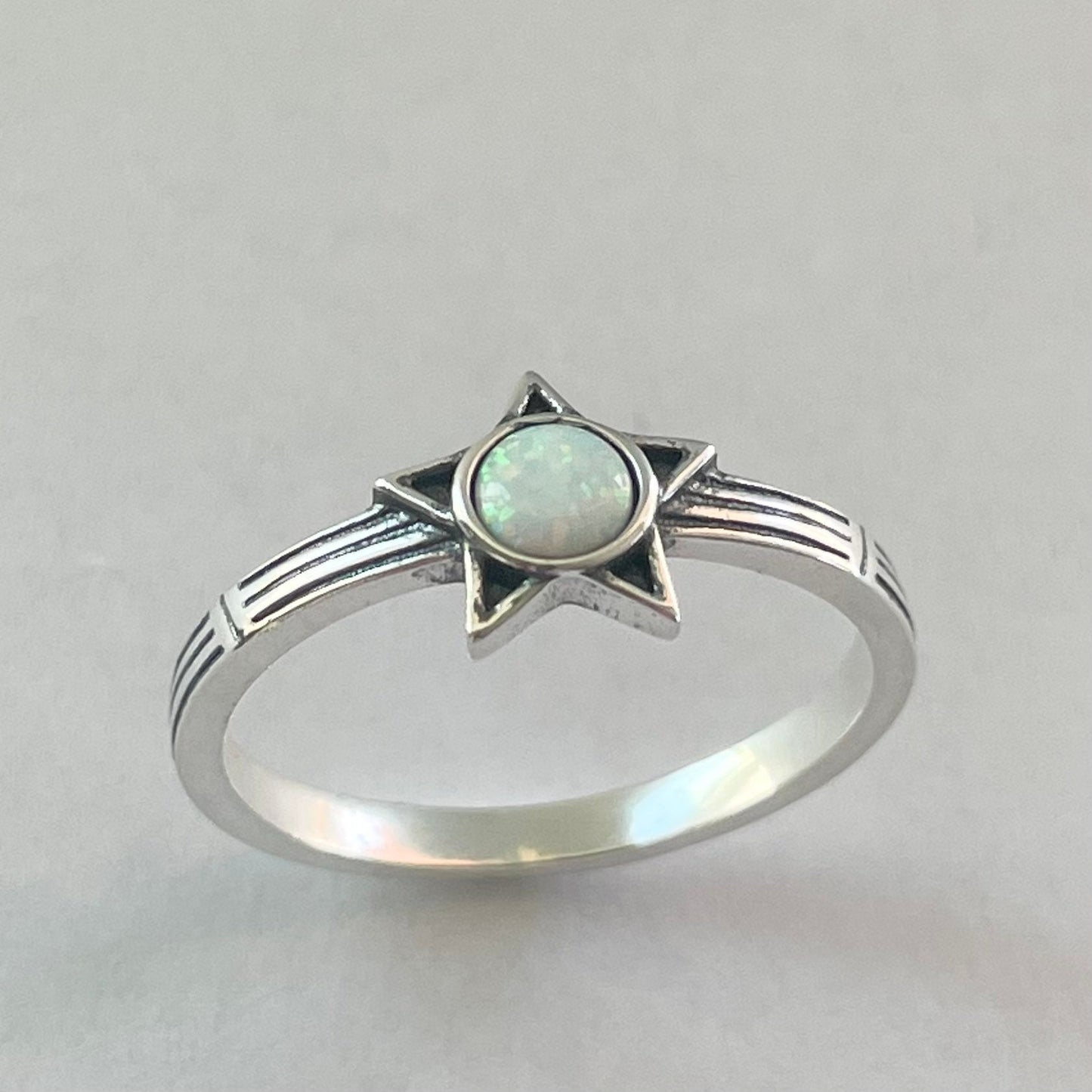 Sterling Silver Star Ring: White Lab Opal Boho Jewelry