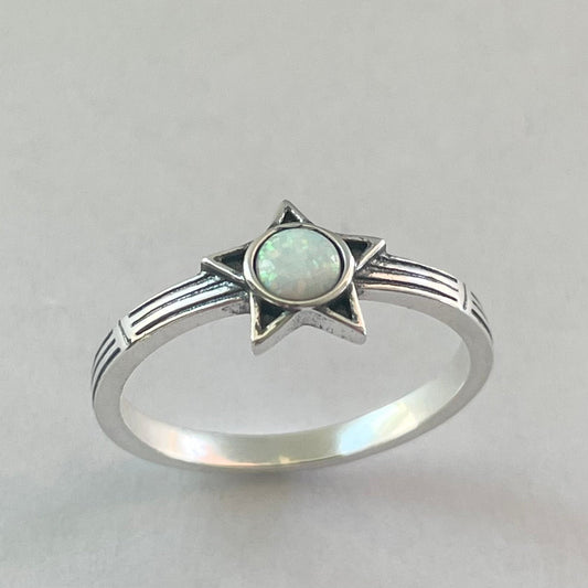 Sterling Silver Star Ring: White Lab Opal Boho Jewelry