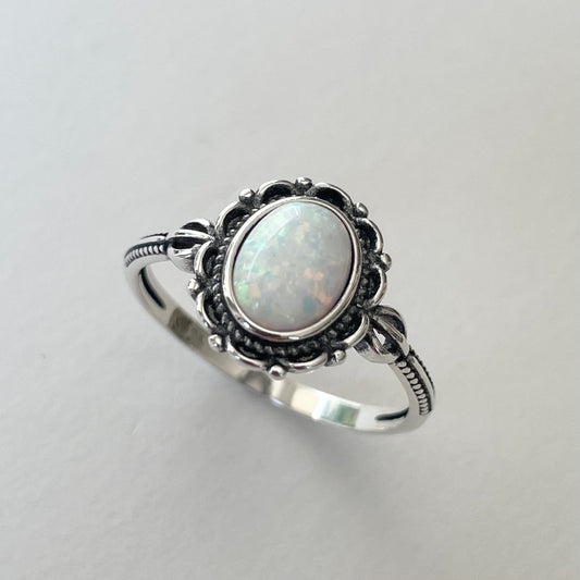 Sterling Silver White Opal Victorian Flower Ring, Silver Flower Ring, Boho Ring, Opal Flower Ring, Promise Love Ring, Silver Floral Ring