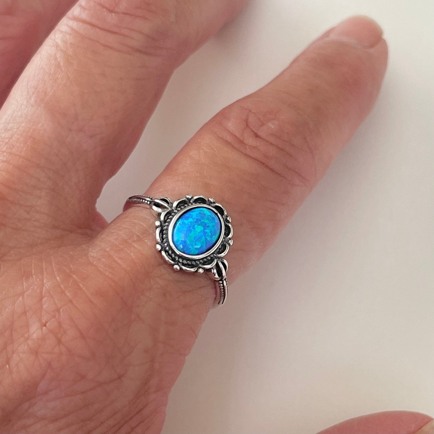 Sterling Silver Blue Opal Victorian Flower Ring, Silver Flower Ring, Boho Ring, Silver Opal Flower Ring, Promise Love Ring, Floral Opal Ring