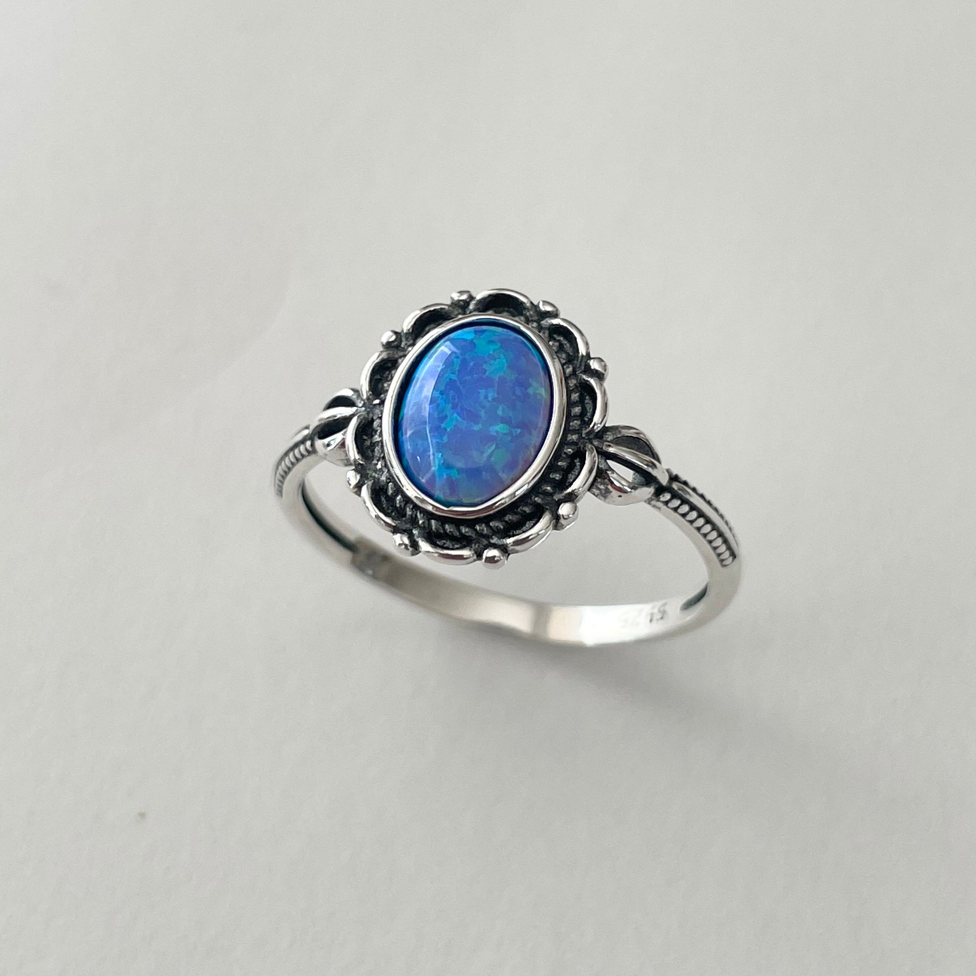 Sterling Silver Blue Opal Victorian Flower Ring, Silver Flower Ring, Boho Ring, Silver Opal Flower Ring, Promise Love Ring, Floral Opal Ring