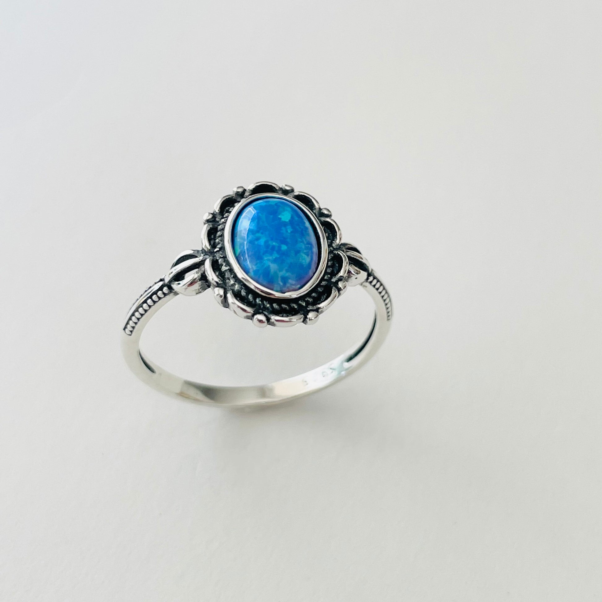 Sterling Silver Blue Opal Victorian Flower Ring, Silver Flower Ring, Boho Ring, Silver Opal Flower Ring, Promise Love Ring, Floral Opal Ring