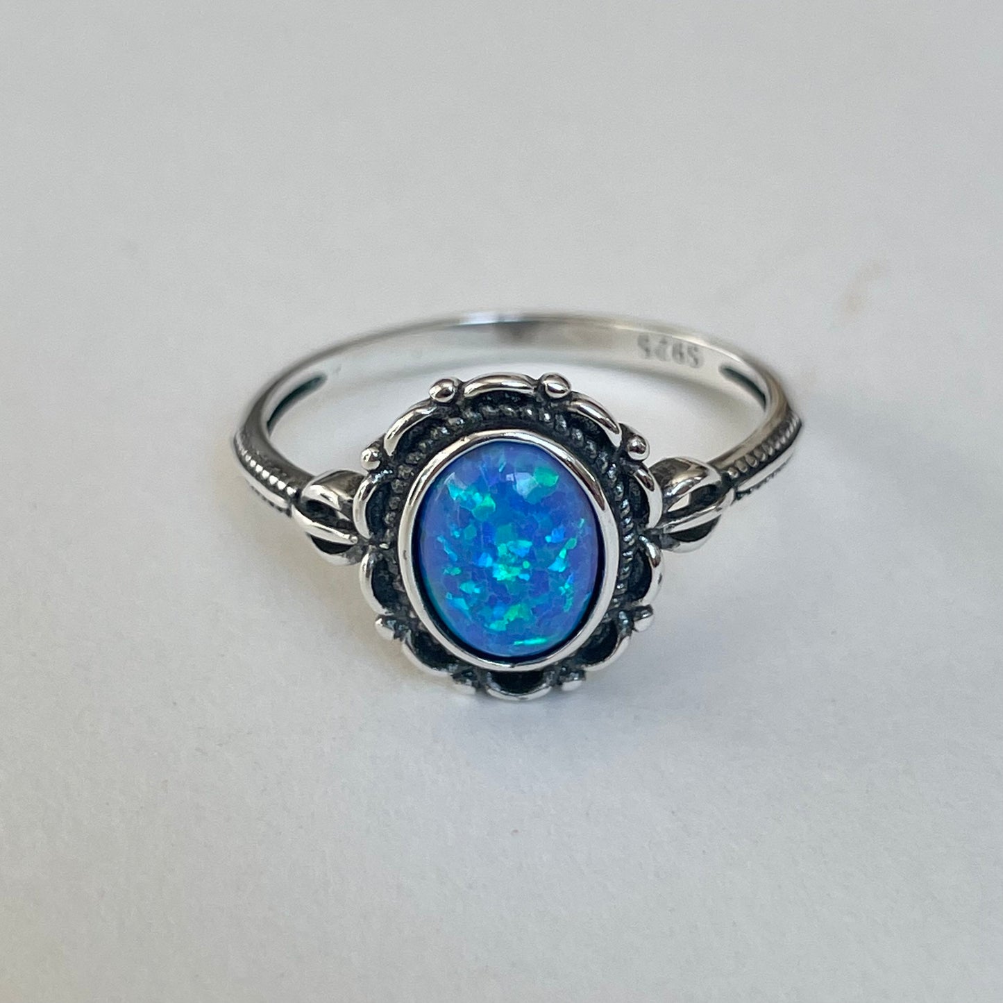 Sterling Silver Blue Opal Victorian Flower Ring, Silver Flower Ring, Boho Ring, Silver Opal Flower Ring, Promise Love Ring, Floral Opal Ring