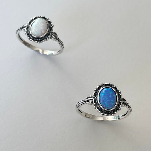 Sterling Silver Lab Opal Victorian Flower Ring: Promise Ring
