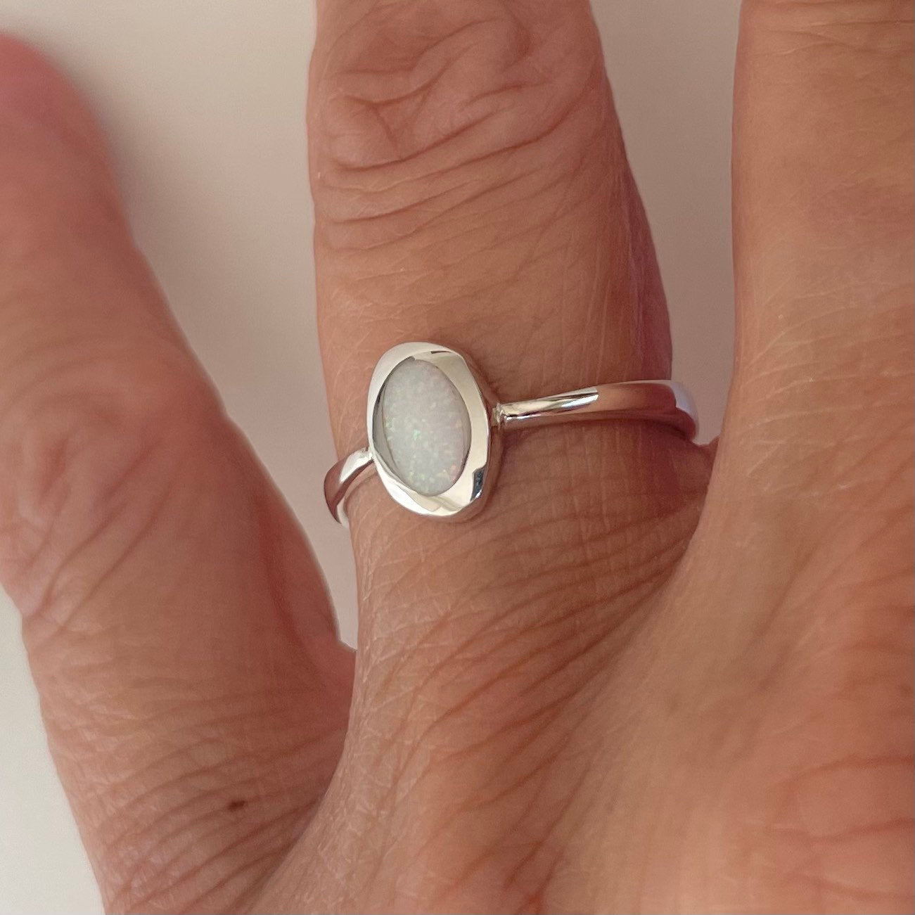 Sterling Silver White Lab Opal Ring: Oval Solitaire Boho Ring