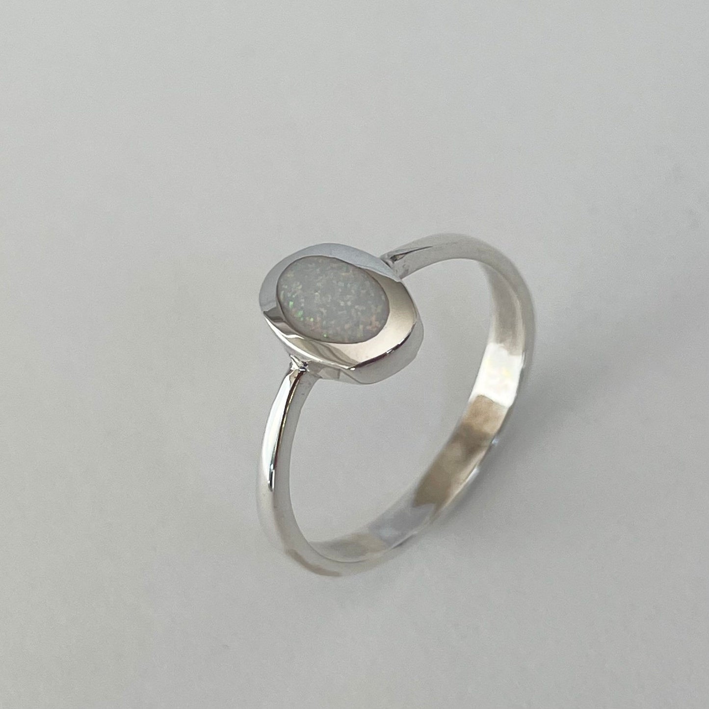Sterling Silver White Lab Opal Ring: Oval Solitaire Boho Ring