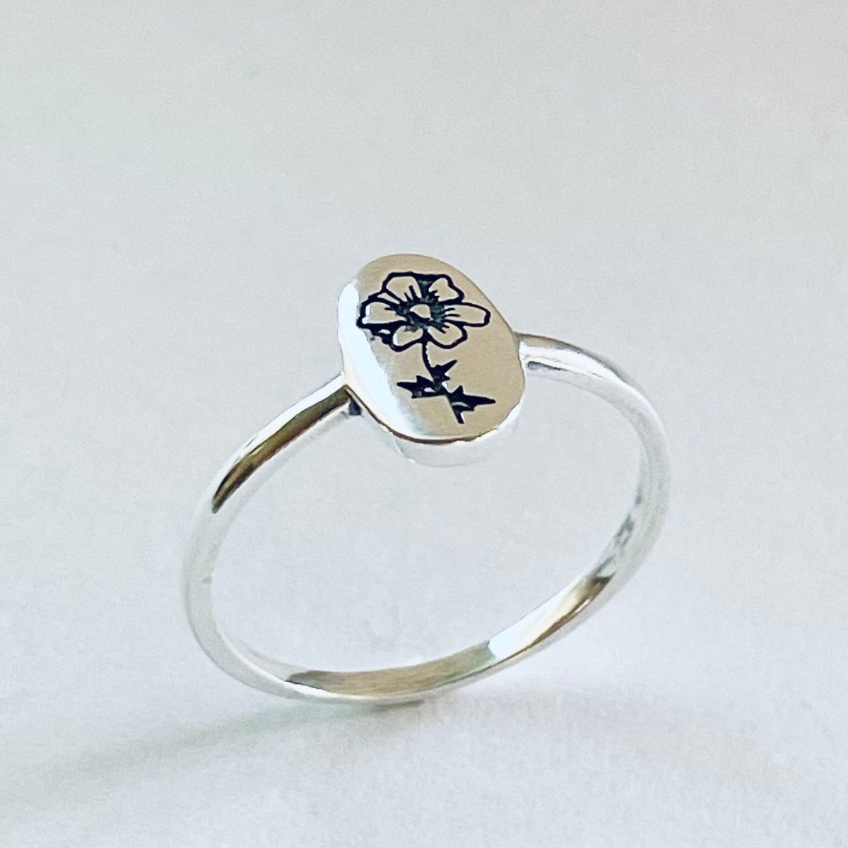 Sterling Silver Engraved Birth Flower Ring: Oxidized Floral Jewelry