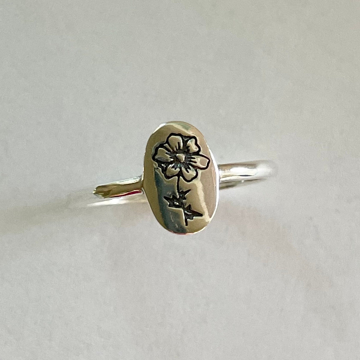 Sterling Silver Engraved Birth Flower Ring: Oxidized Floral Jewelry
