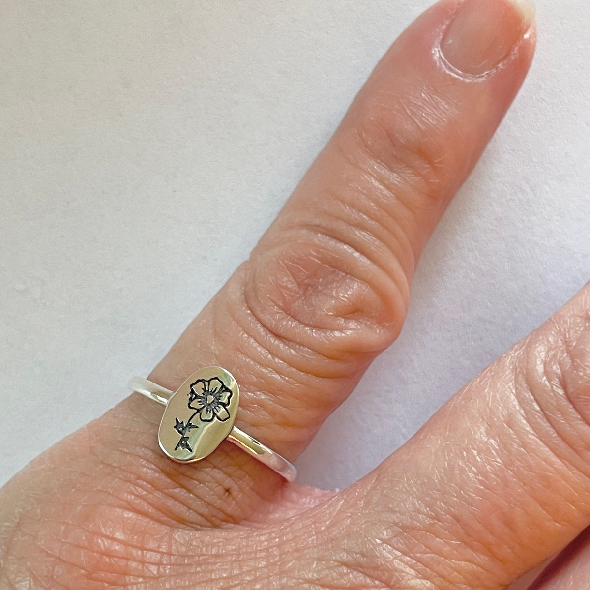 Sterling Silver Engraved Birth Flower Ring: Oxidized Floral Jewelry