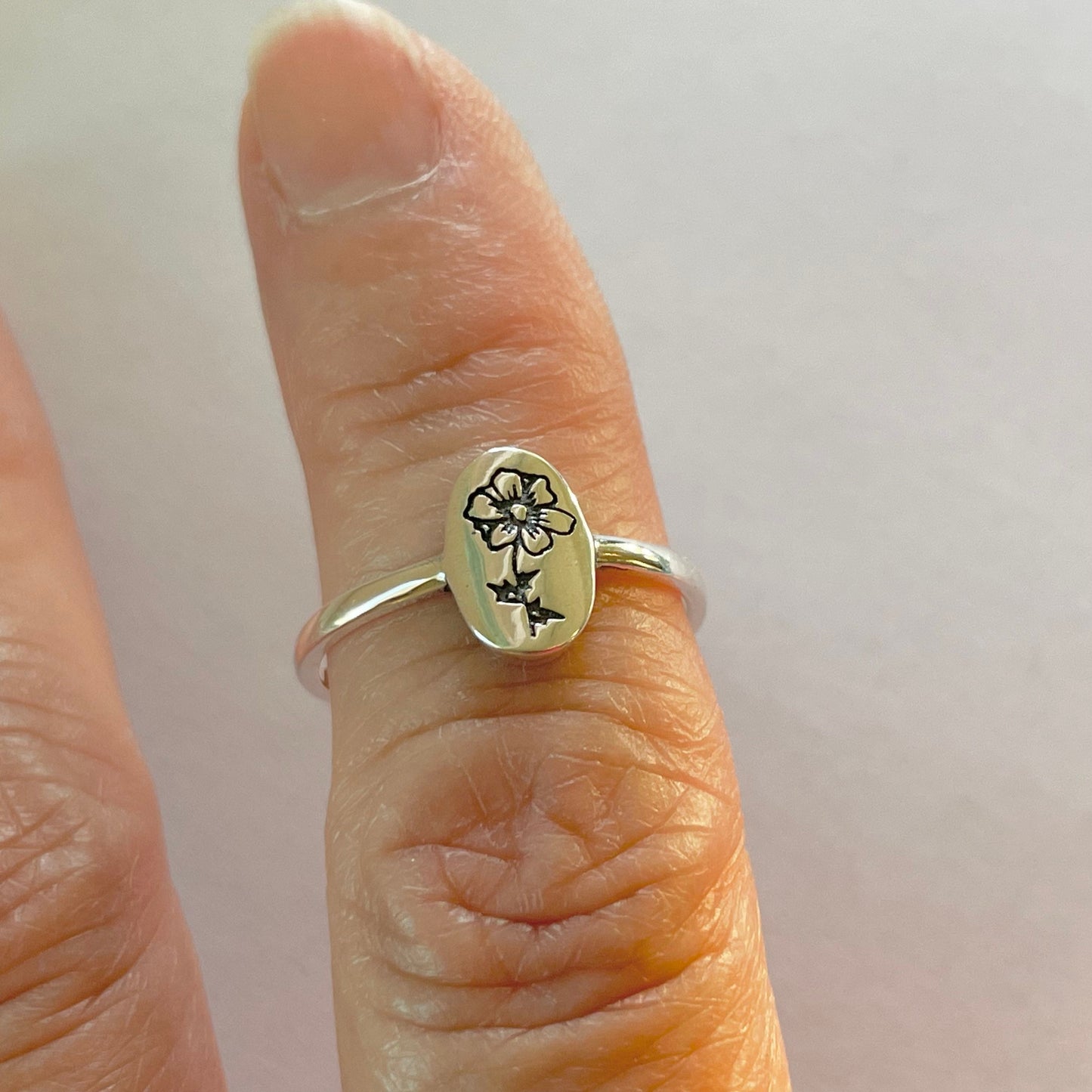Sterling Silver Engraved Birth Flower Ring: Oxidized Floral Jewelry
