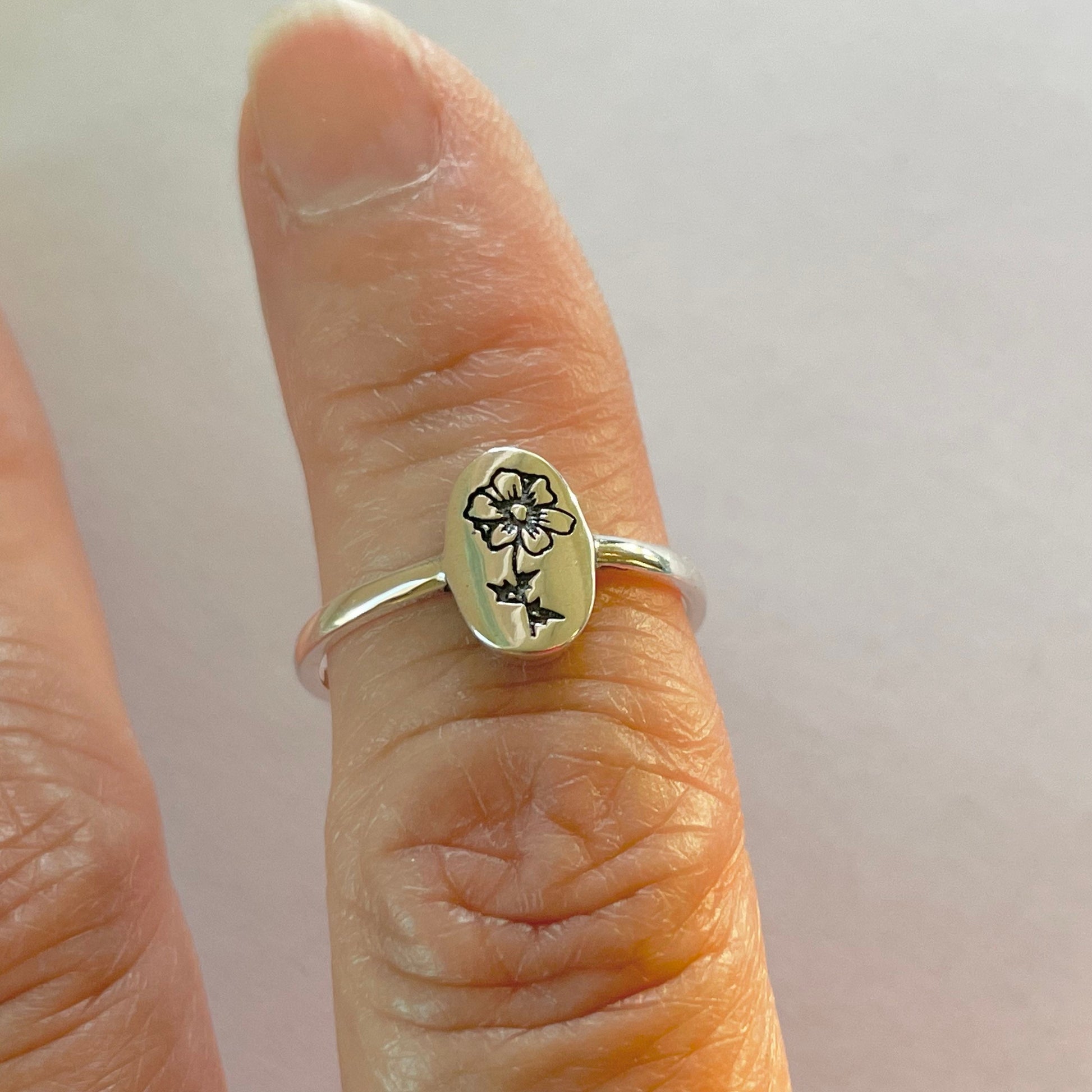 Sterling Silver Engraved Birth Flower Ring: Oxidized Floral Jewelry