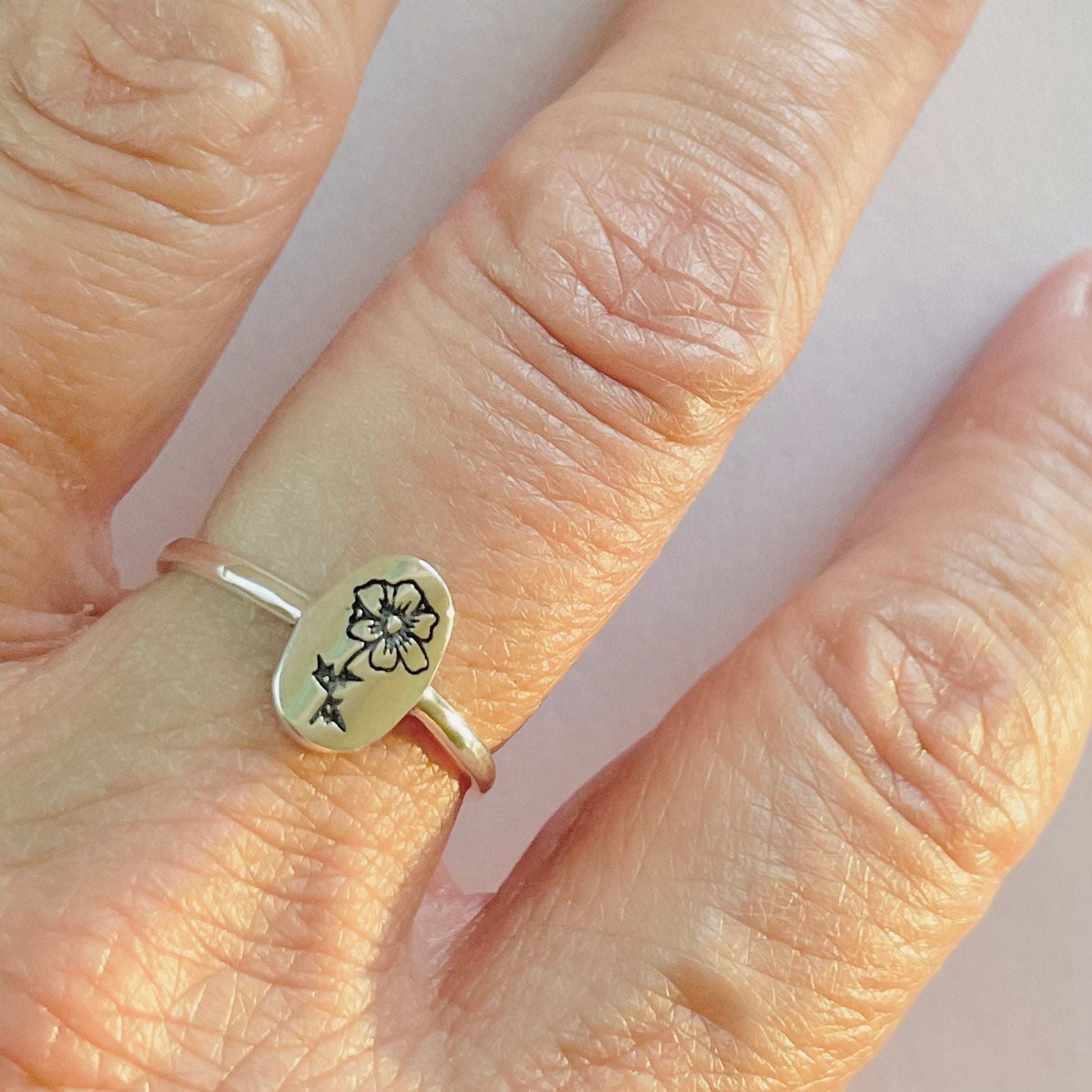 Sterling Silver Engraved Birth Flower Ring: Oxidized Floral Jewelry