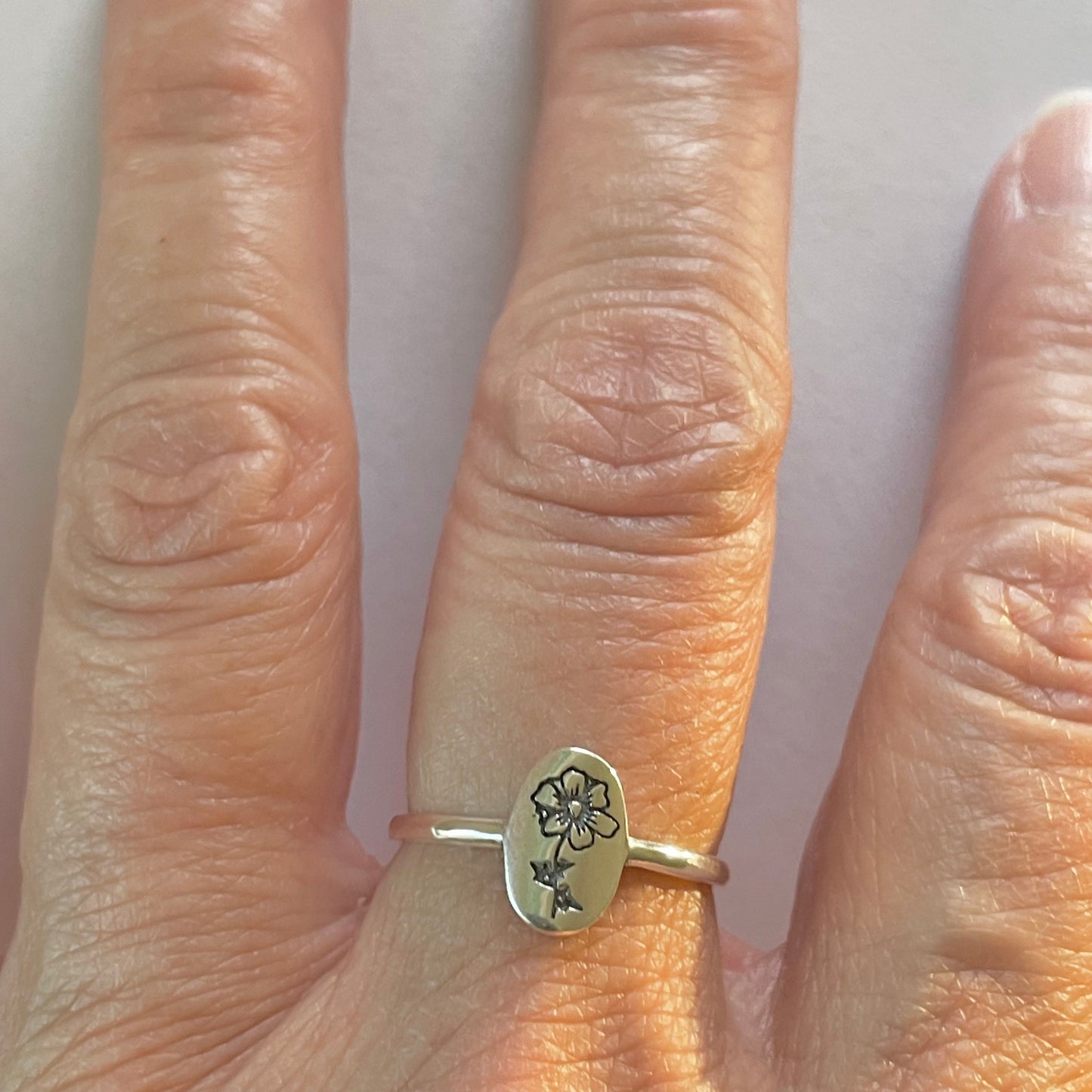 Sterling Silver Engraved Birth Flower Ring: Oxidized Floral Jewelry