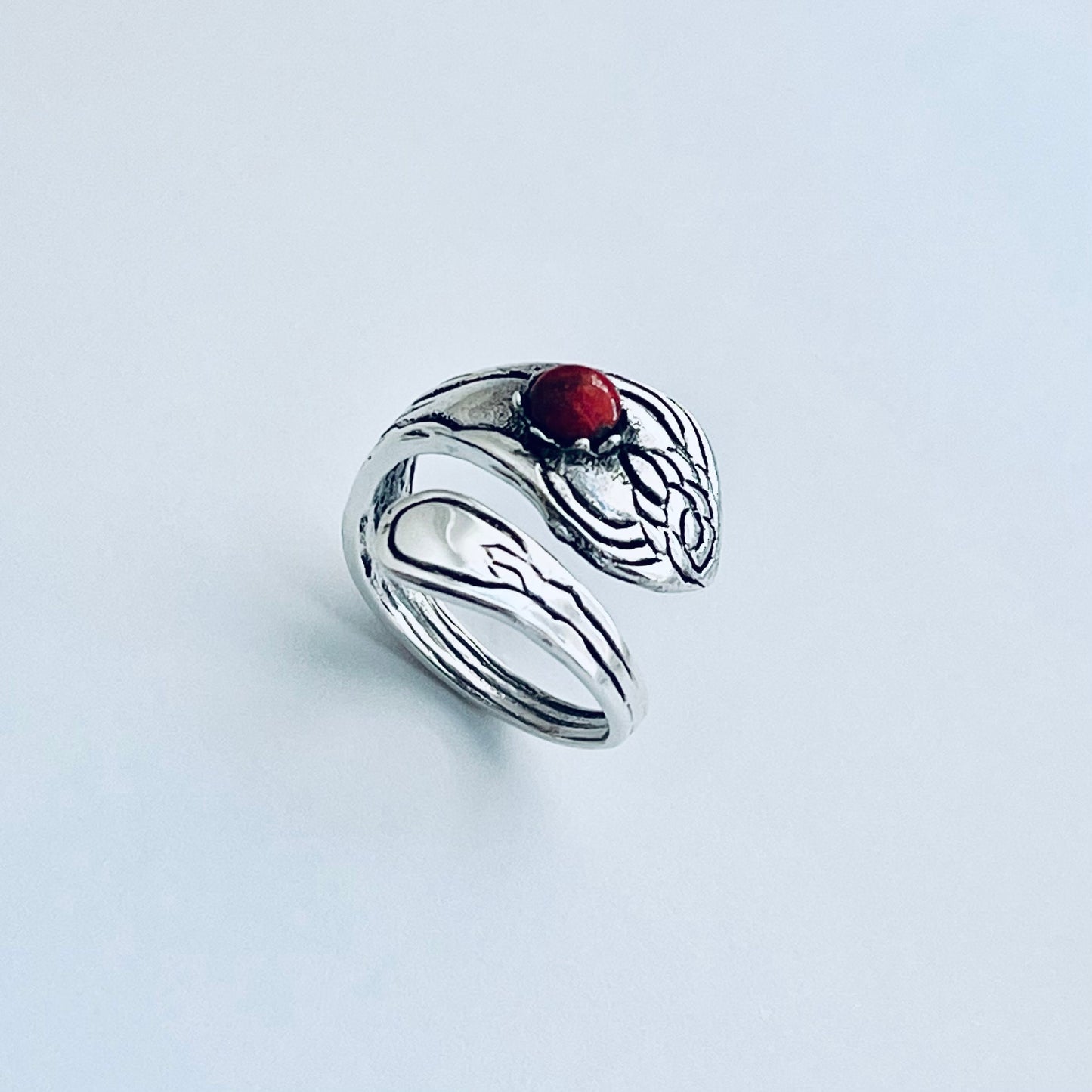 Sterling Silver Spoon Style Ring with Red Agate Stone, Flower, Love, Boho, Stone, Silver, Statement Ring