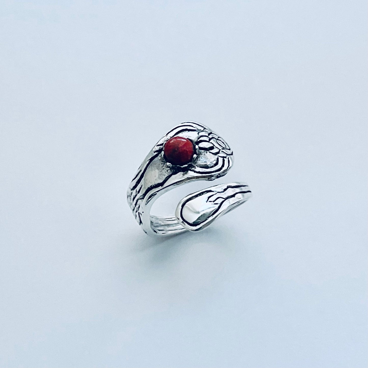 Sterling Silver Spoon Style Ring with Red Agate Stone, Flower, Love, Boho, Stone, Silver, Statement Ring