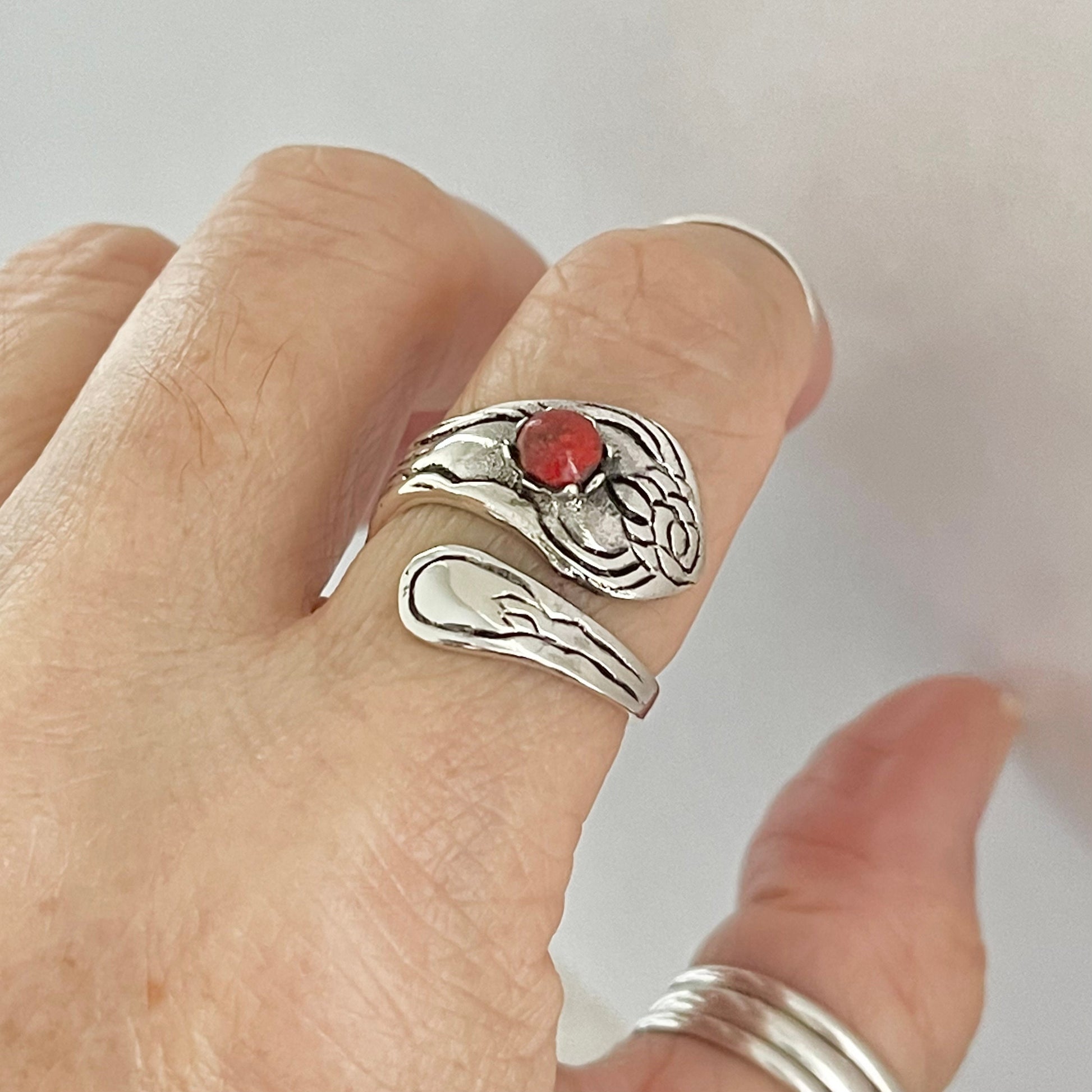 Sterling Silver Spoon Ring: Red Agate, Flower Design, Boho Statement