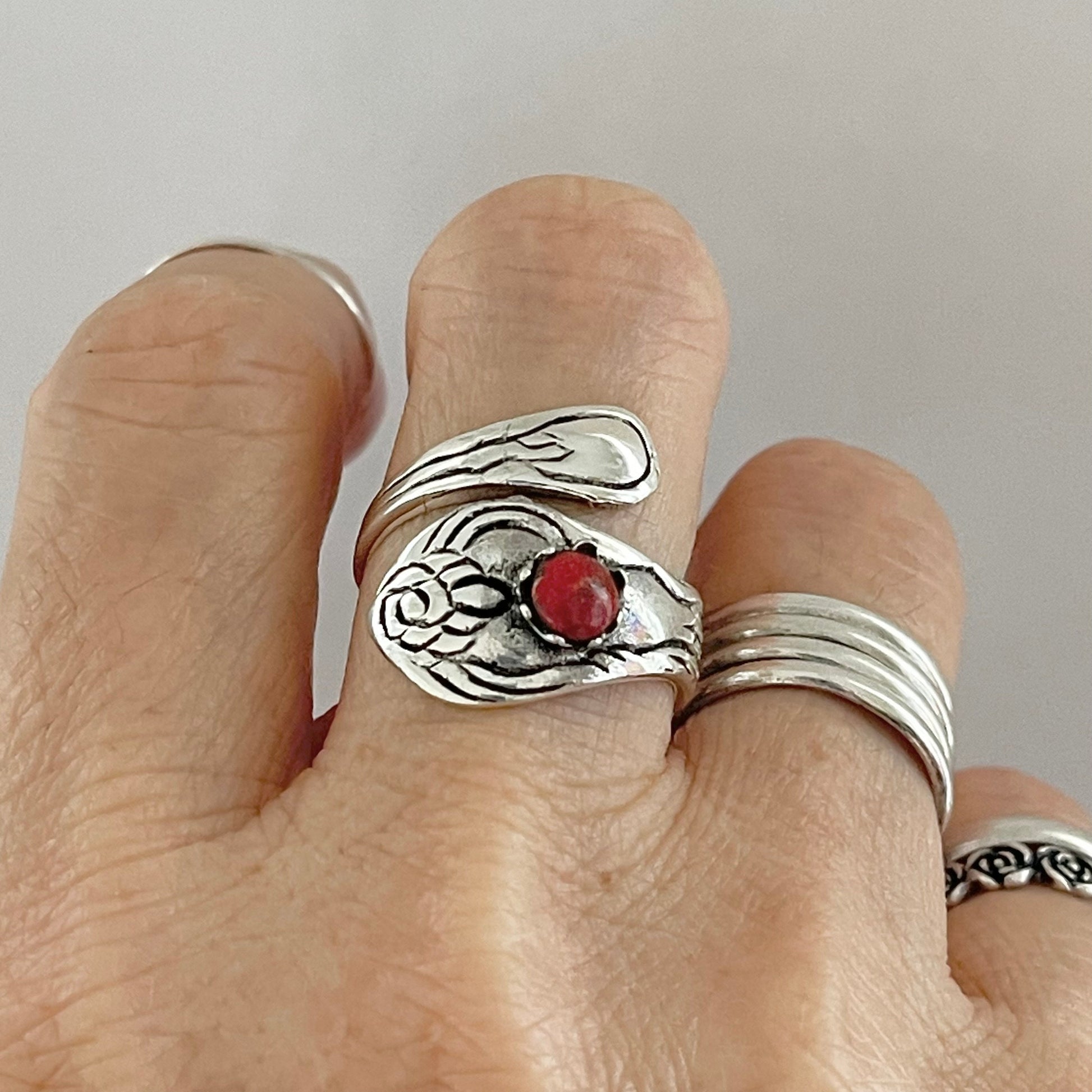 Sterling Silver Spoon Style Ring with Red Agate Stone, Flower, Love, Boho, Stone, Silver, Statement Ring