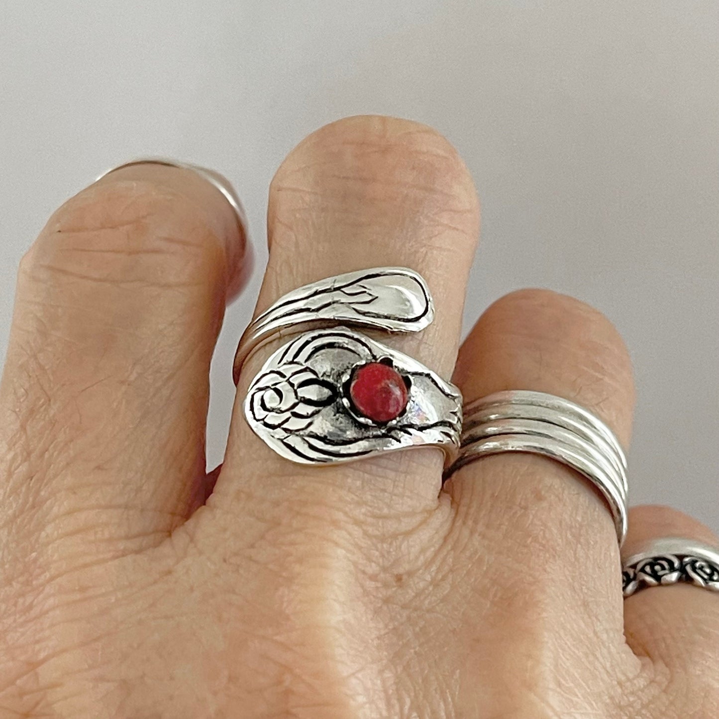 Sterling Silver Spoon Ring: Red Agate, Flower Design, Boho Statement