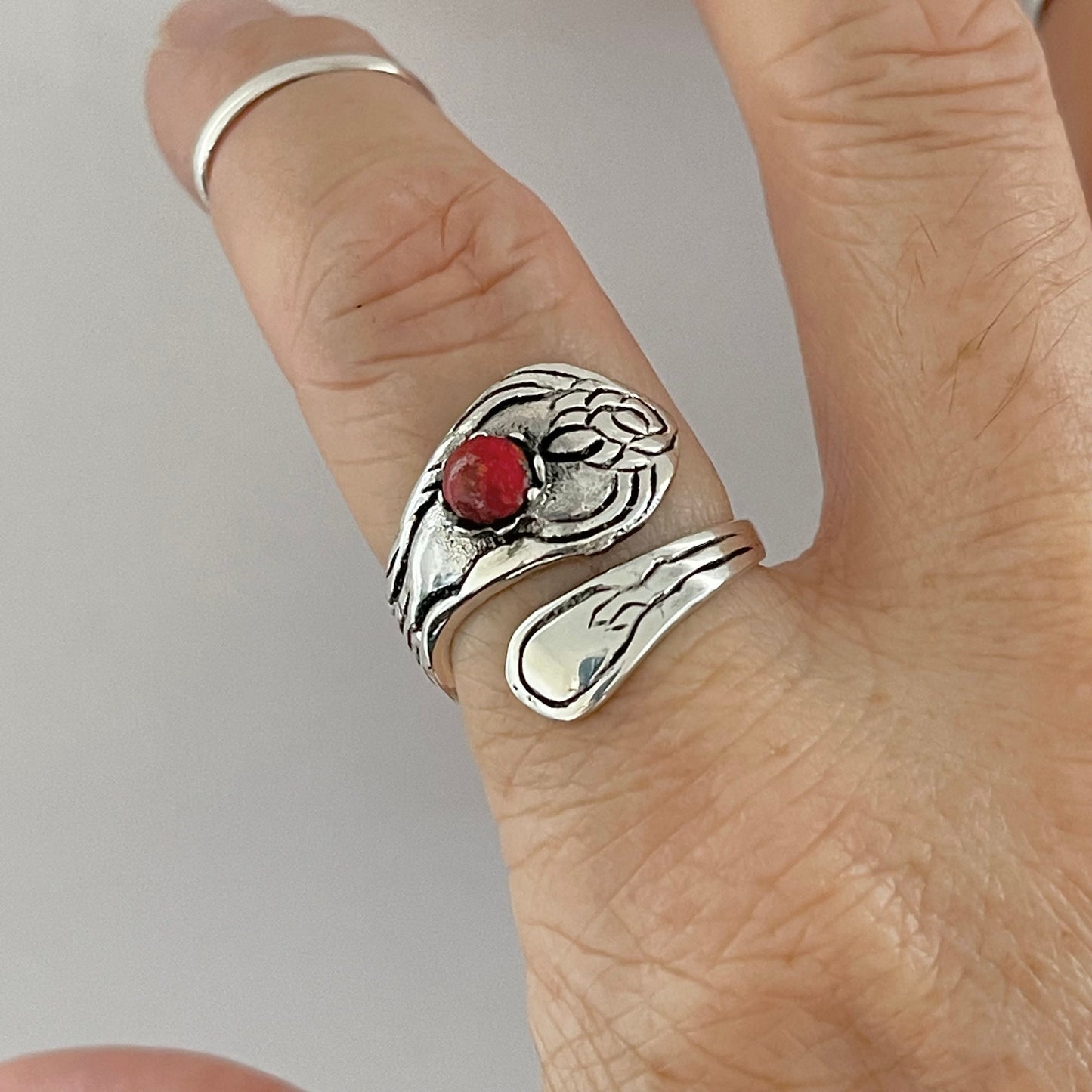 Sterling Silver Spoon Style Ring with Red Agate Stone, Flower, Love, Boho, Stone, Silver, Statement Ring