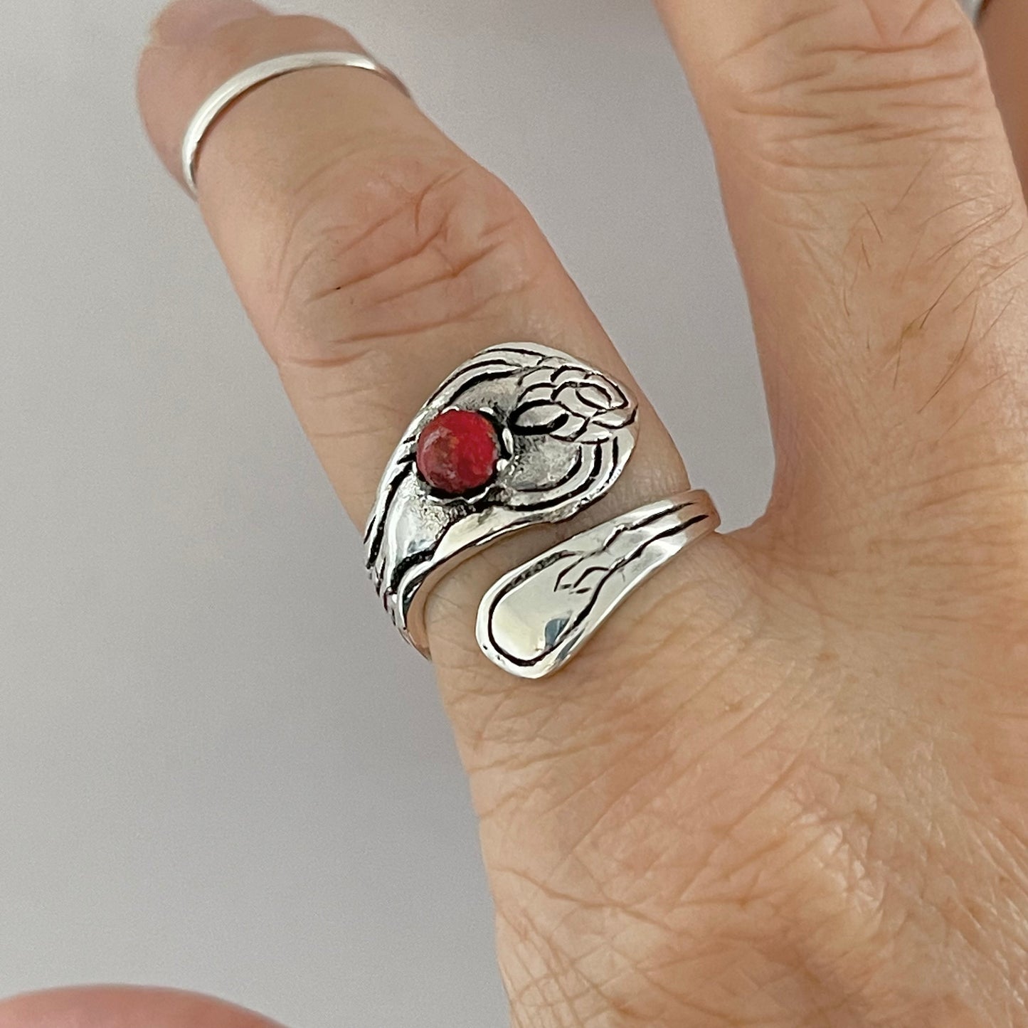 Sterling Silver Spoon Ring: Red Agate, Flower Design, Boho Statement