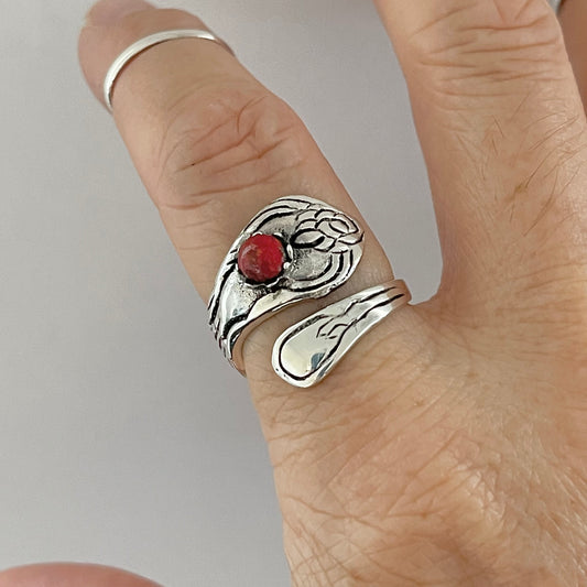 Sterling Silver Spoon Ring: Red Agate, Flower Design, Boho Statement