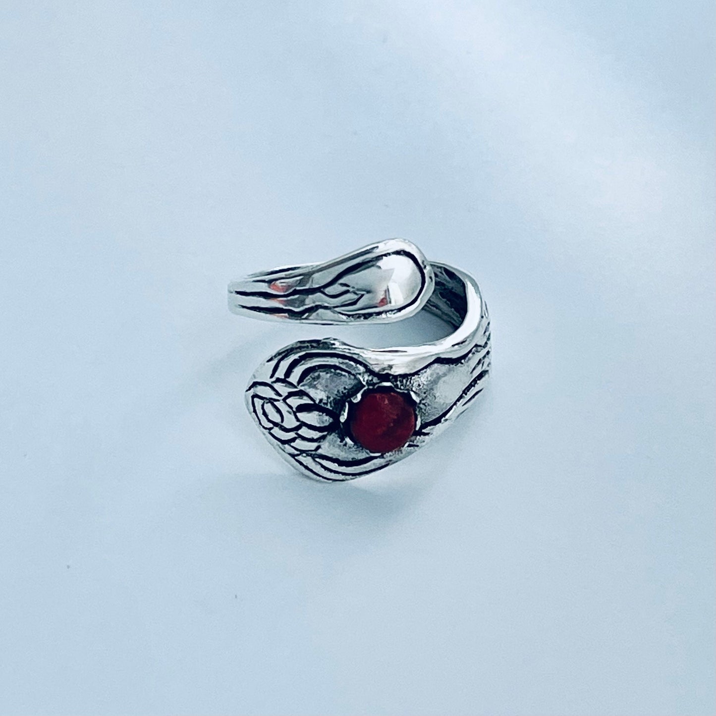 Sterling Silver Spoon Style Ring with Red Agate Stone, Flower, Love, Boho, Stone, Silver, Statement Ring