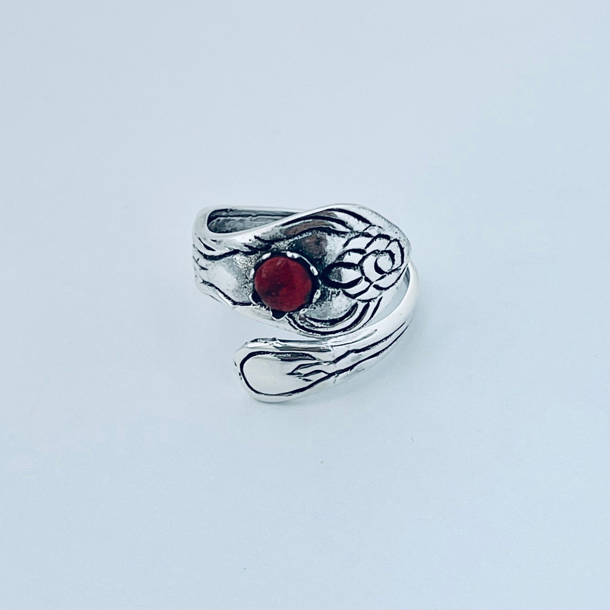 Sterling Silver Spoon Ring: Red Agate, Flower Design, Boho Statement