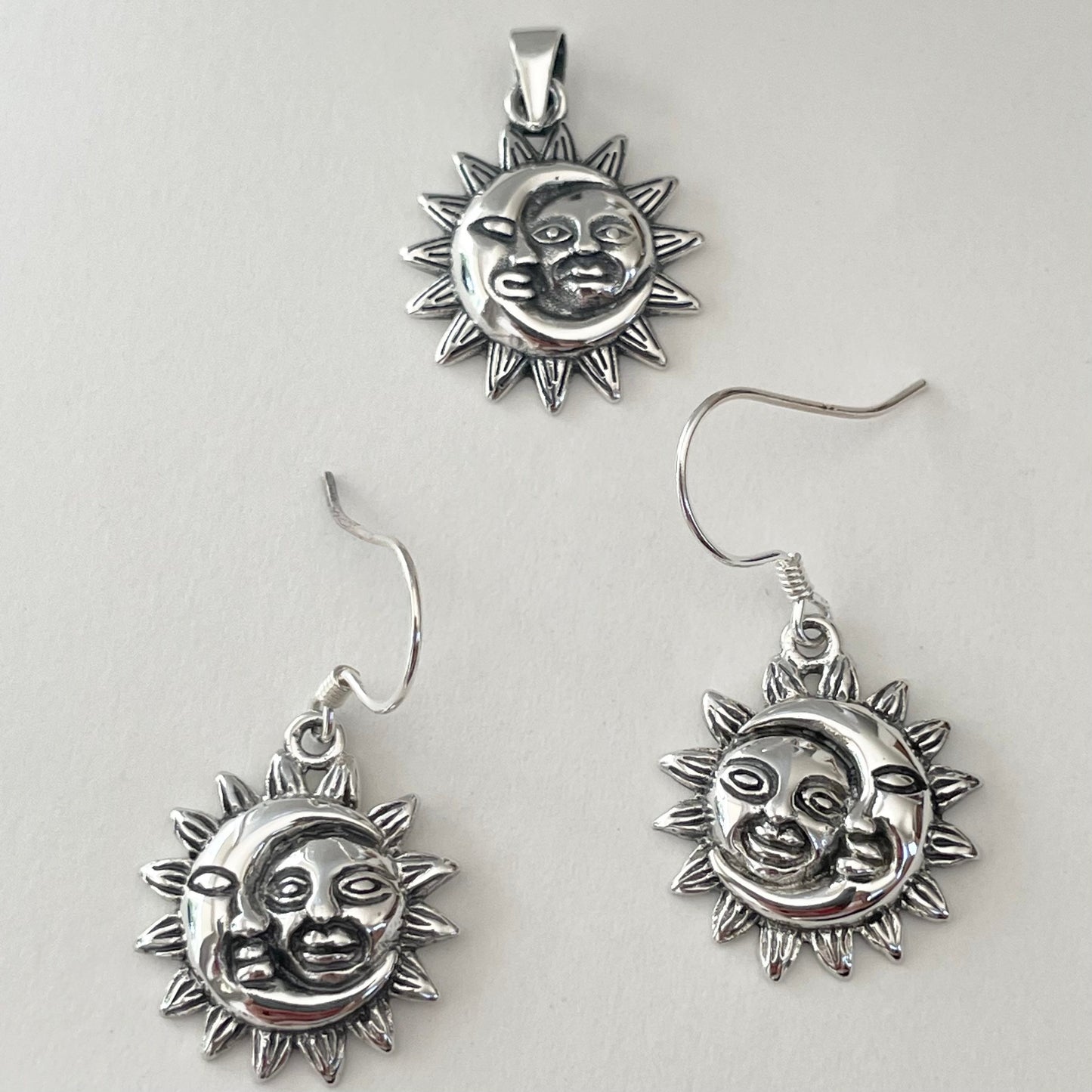 Sterling Silver Sun & Moon Face Dangling Earrings: Celestial Boho Jewelry