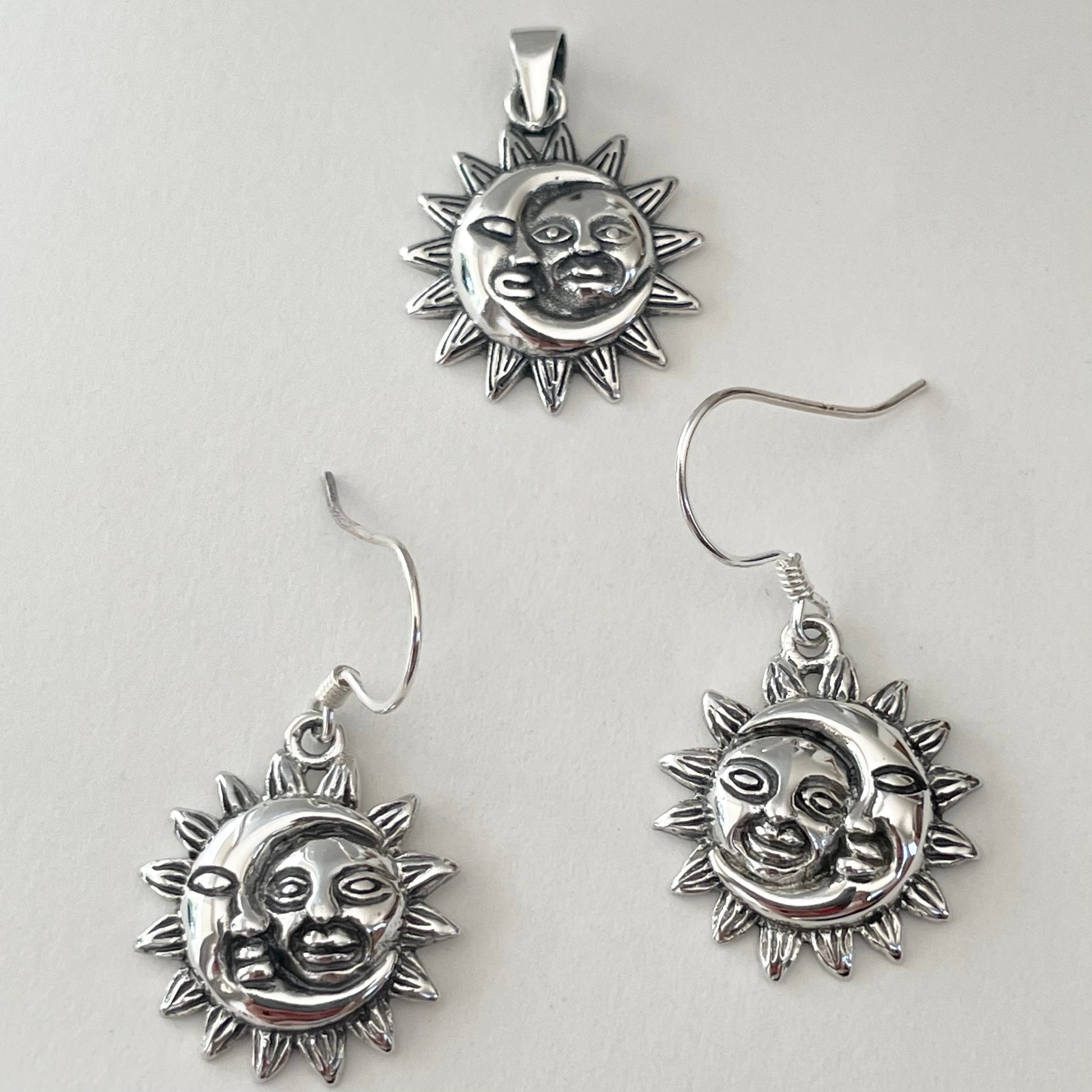Sterling Silver Sun & Moon Face Dangling Earrings: Celestial Boho Jewelry