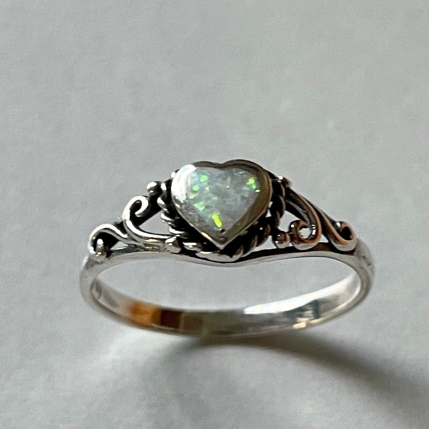 Sterling Silver White Lab Opal Heart Ring: Swirl Boho Ring