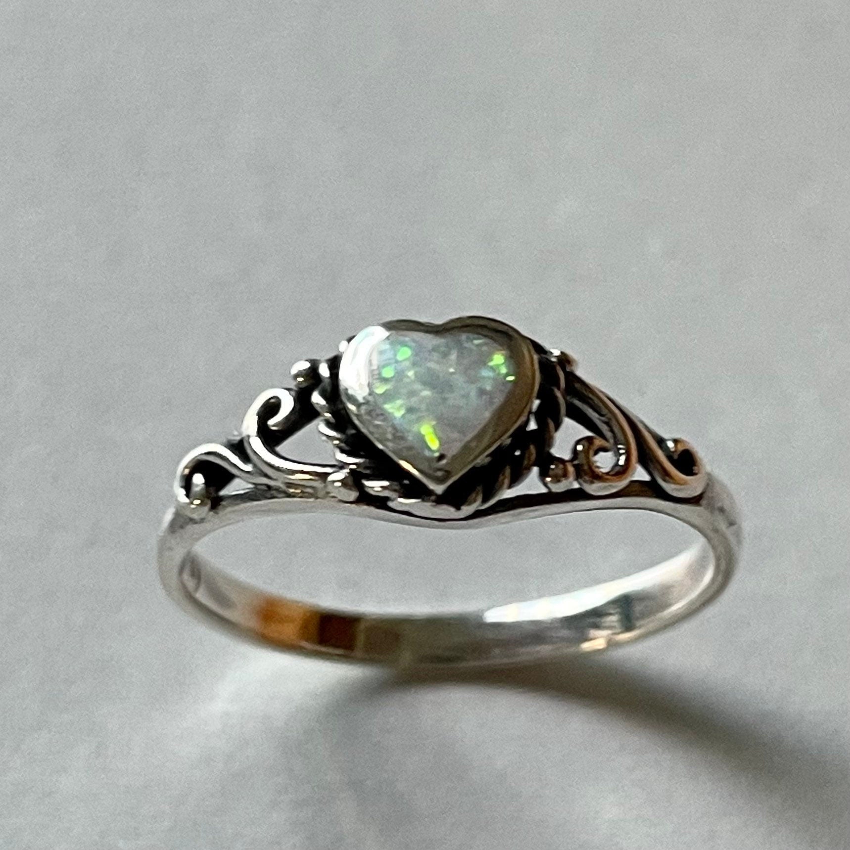 Sterling Silver White Lab Opal Heart Ring: Swirl Boho Ring