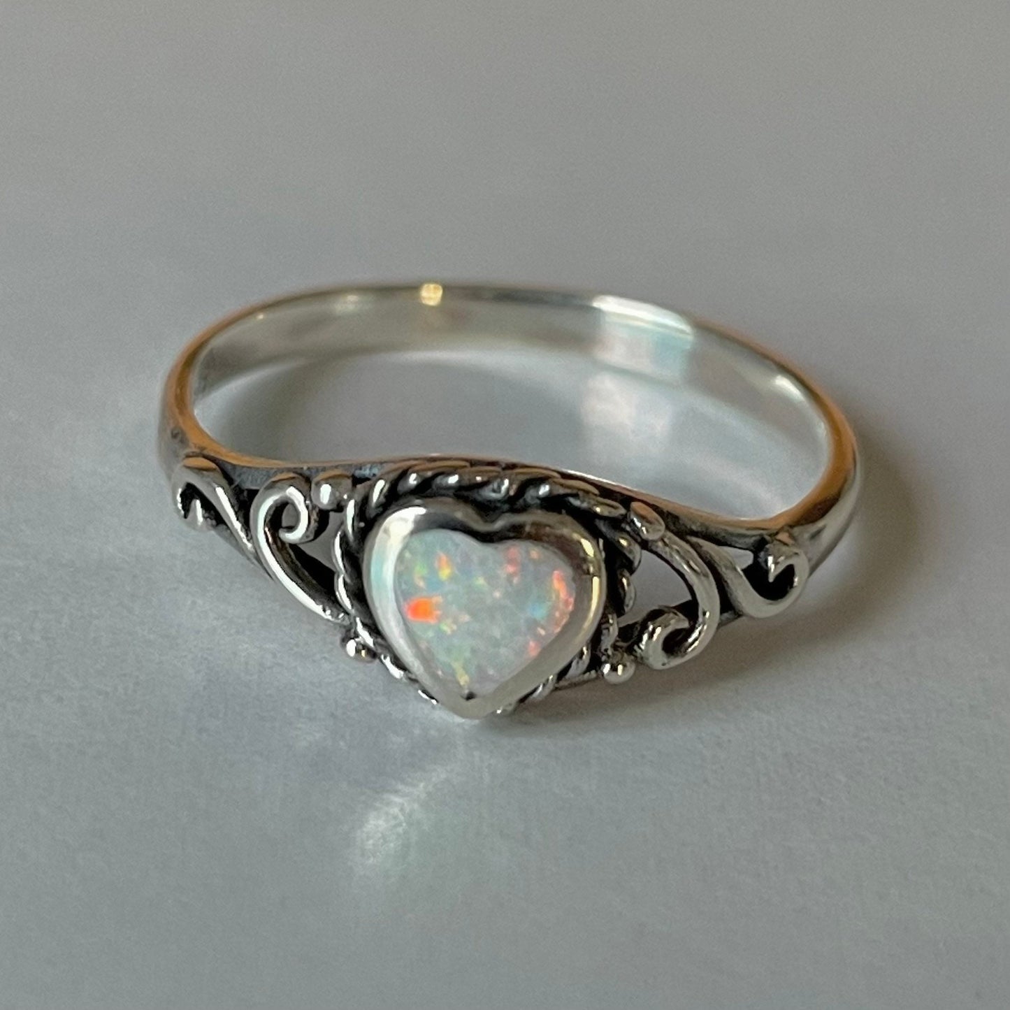 Sterling Silver White Lab Opal Heart Ring: Swirl Boho Ring
