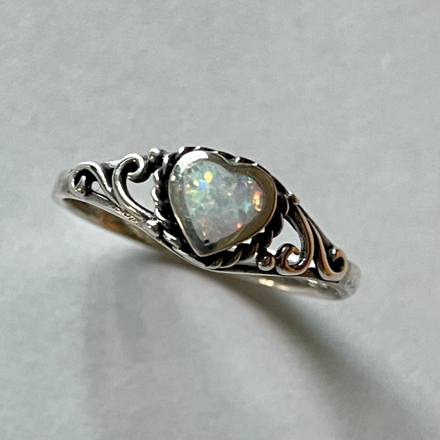 Sterling Silver White Lab Opal Heart Ring: Swirl Boho Ring