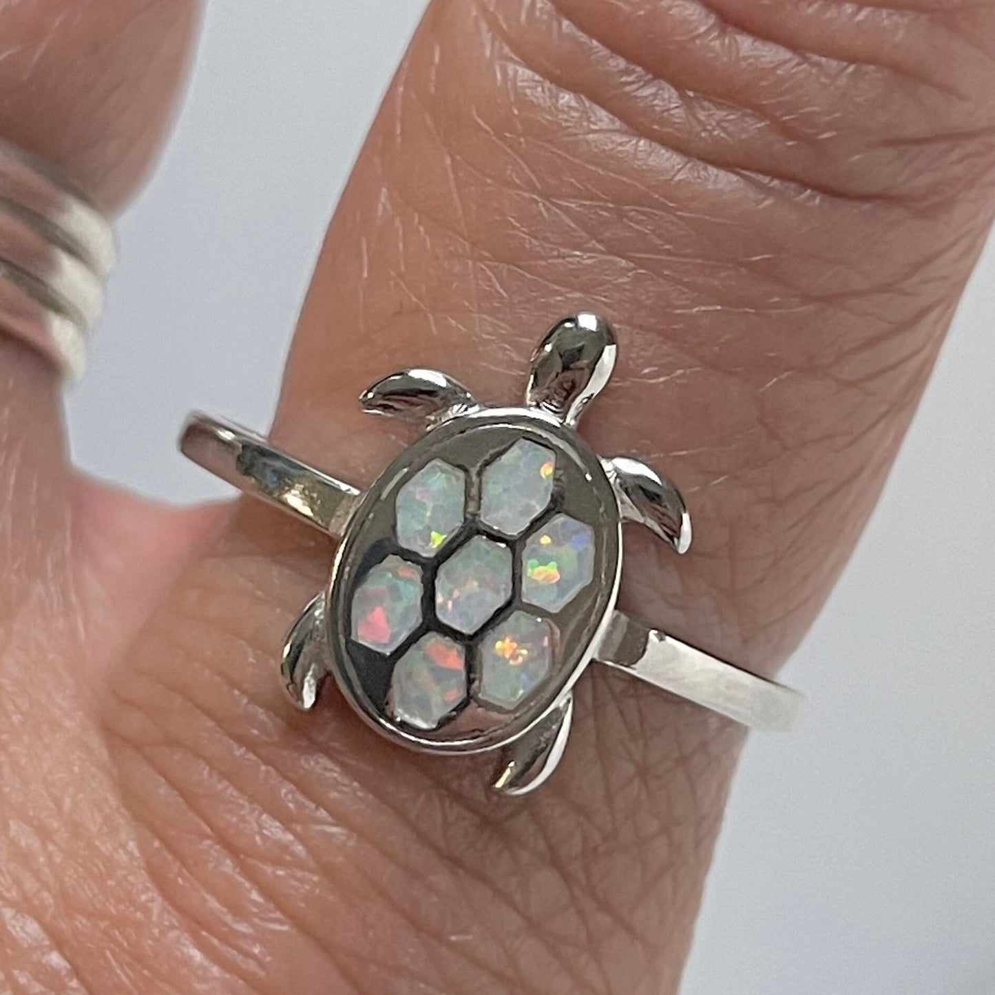 Sterling Silver Turtle Ring: White or Blue Lab Opal, Ocean Jewelry