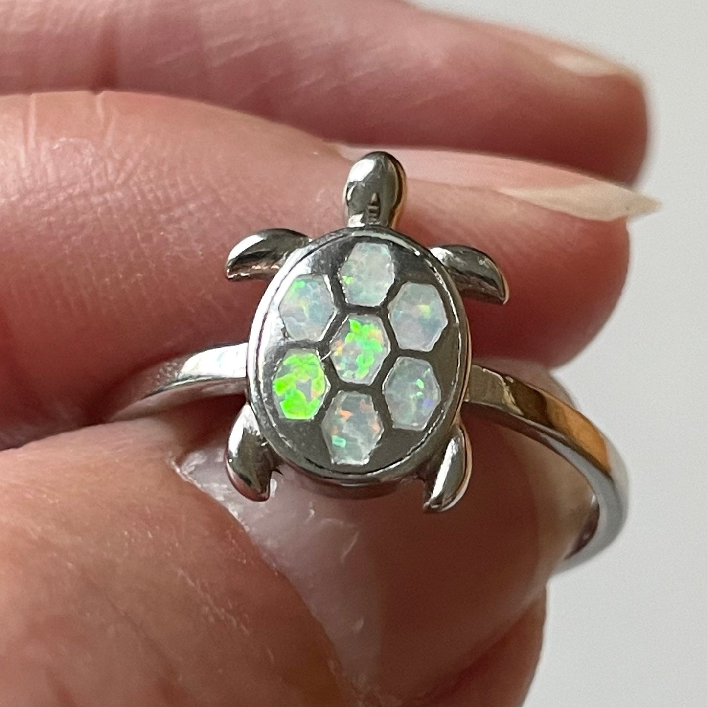 Sterling Silver Turtle Ring: White or Blue Lab Opal, Ocean Jewelry