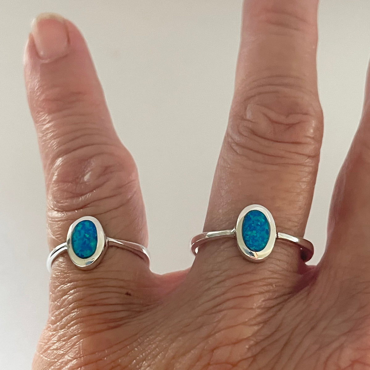 Sterling Silver Oval Blue Lab Opal Ring: Boho Solitaire