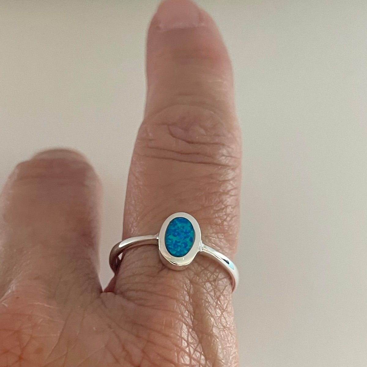 Sterling Silver Oval Blue Lab Opal Ring: Boho Solitaire