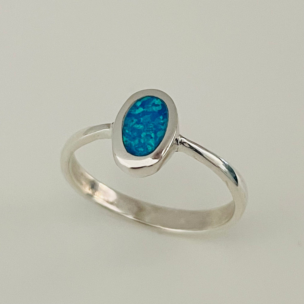 Sterling Silver Oval Blue Lab Opal Ring: Boho Solitaire