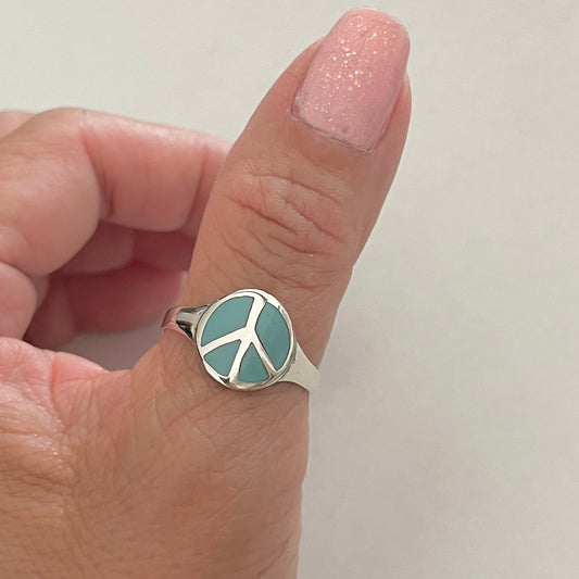 Sterling Silver Simulated Turquoise Peace Sign Ring: Boho Hippie Jewelry