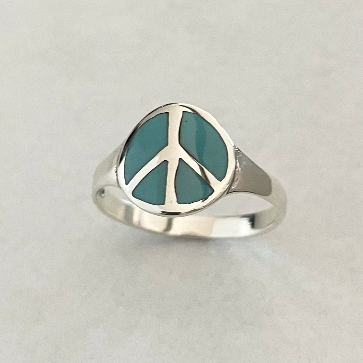 Sterling Silver Simulated Turquoise Peace Sign Ring: Boho Hippie Jewelry
