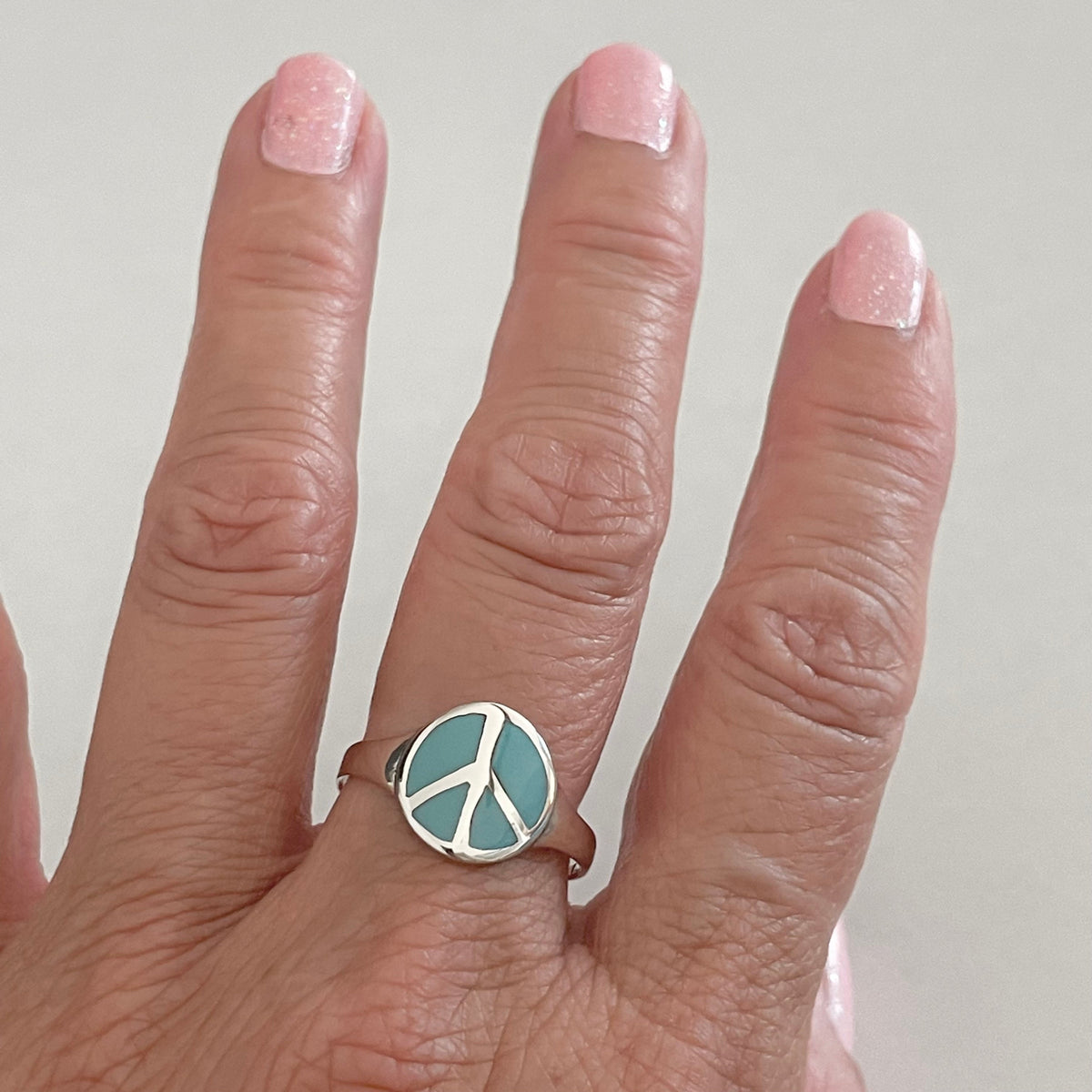 Sterling Silver Simulated Turquoise Peace Sign Ring: Boho Hippie Jewelry