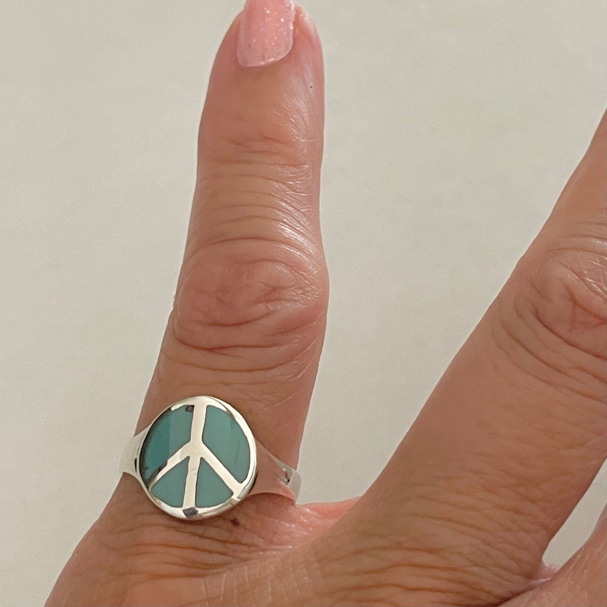 Sterling Silver Simulated Turquoise Peace Sign Ring: Boho Hippie Jewelry