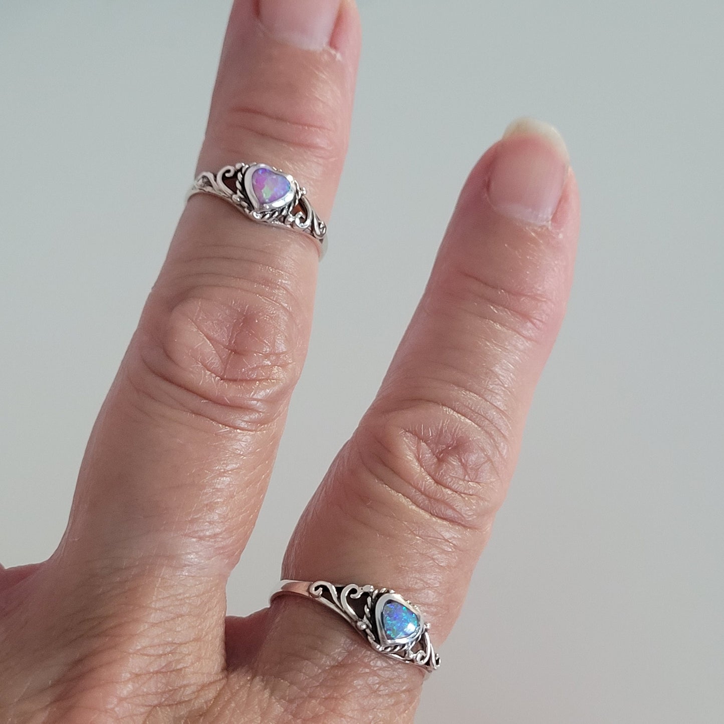 Sterling Silver Pink Lab Opal Heart Ring: Boho Promise Ring