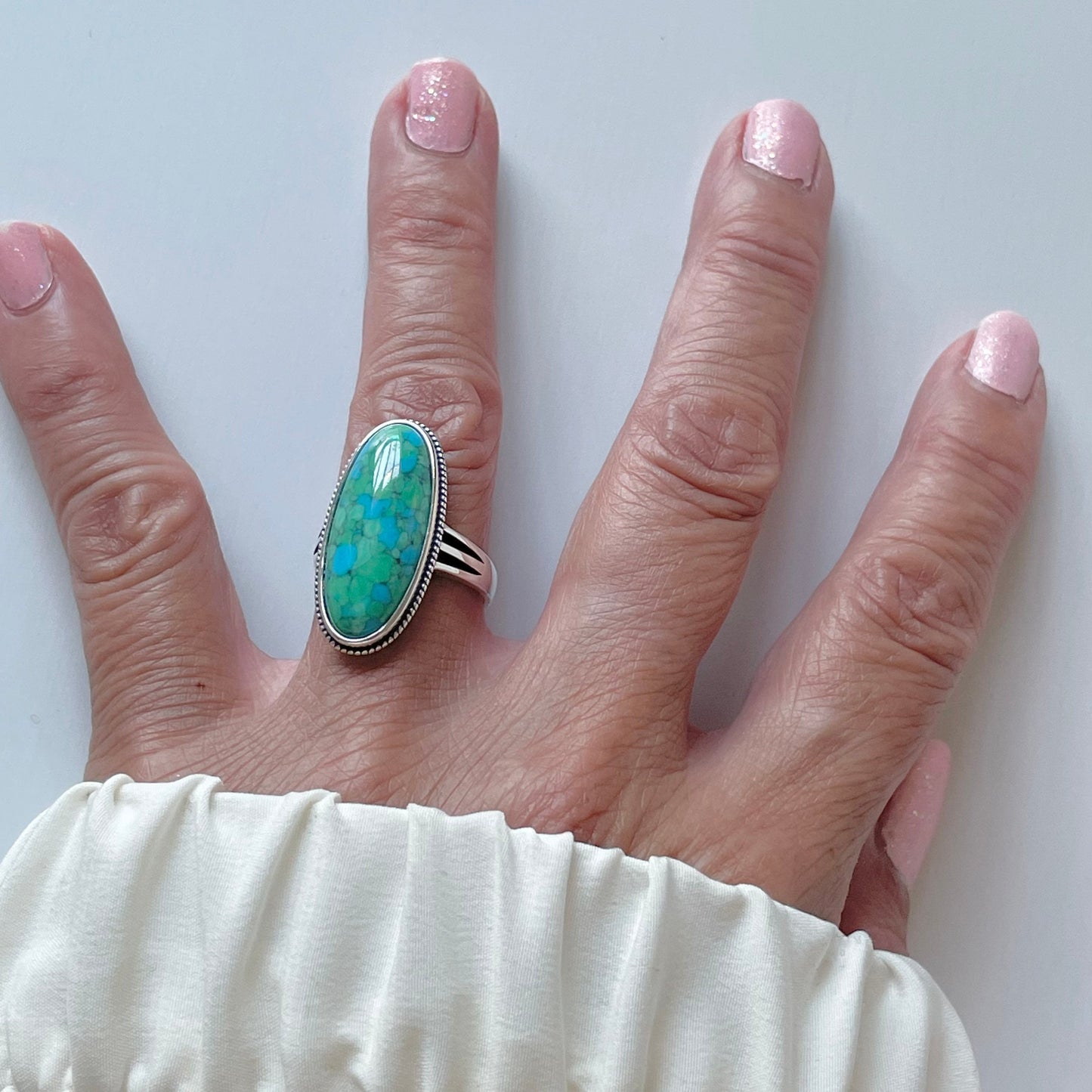 Large Oval Turquoise Sterling Silver Ring: Boho Statement Jewelry