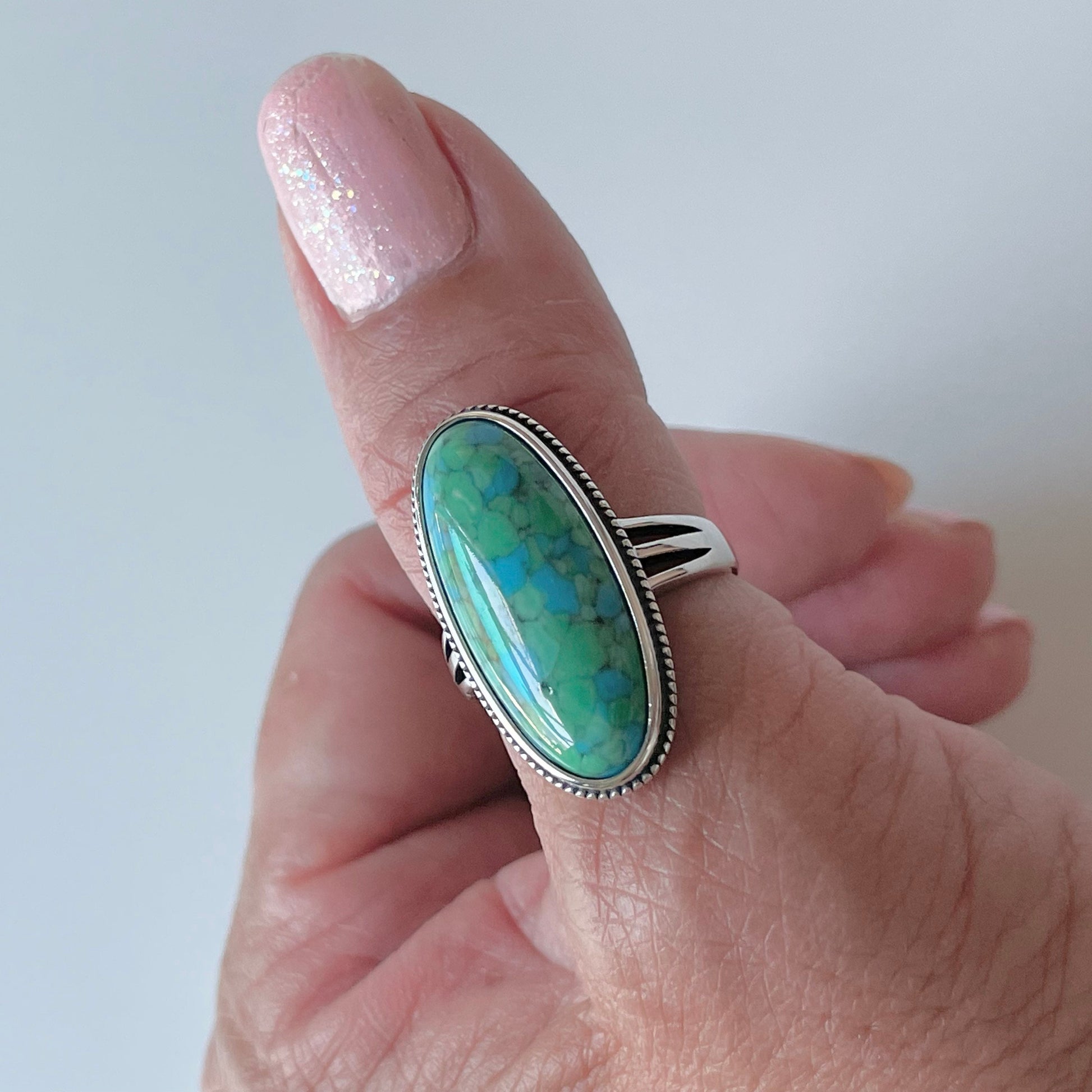 Large Oval Turquoise Sterling Silver Ring: Boho Statement Jewelry