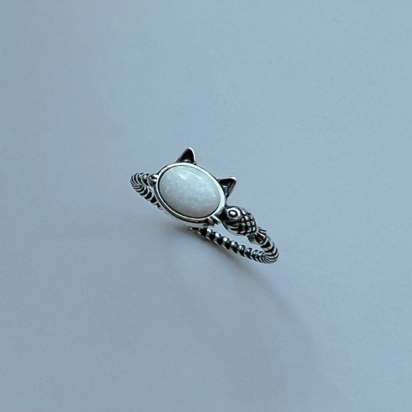 Sterling Silver White Opal Cat & Fish Rope Ring