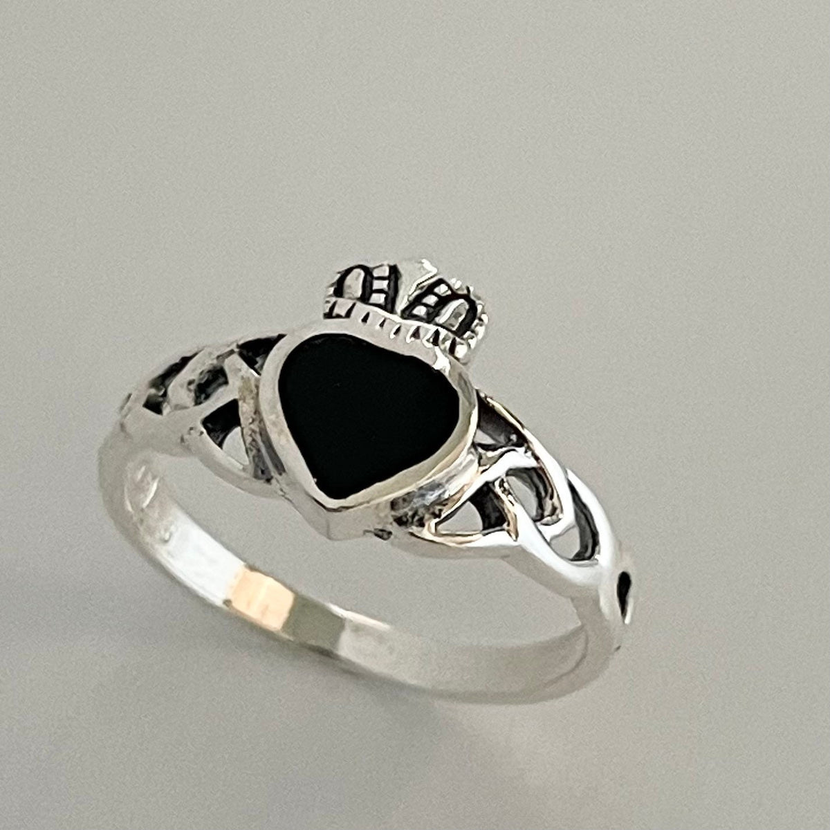Sterling Silver Claddagh Ring: Turquoise or Black Agate Celtic Heart